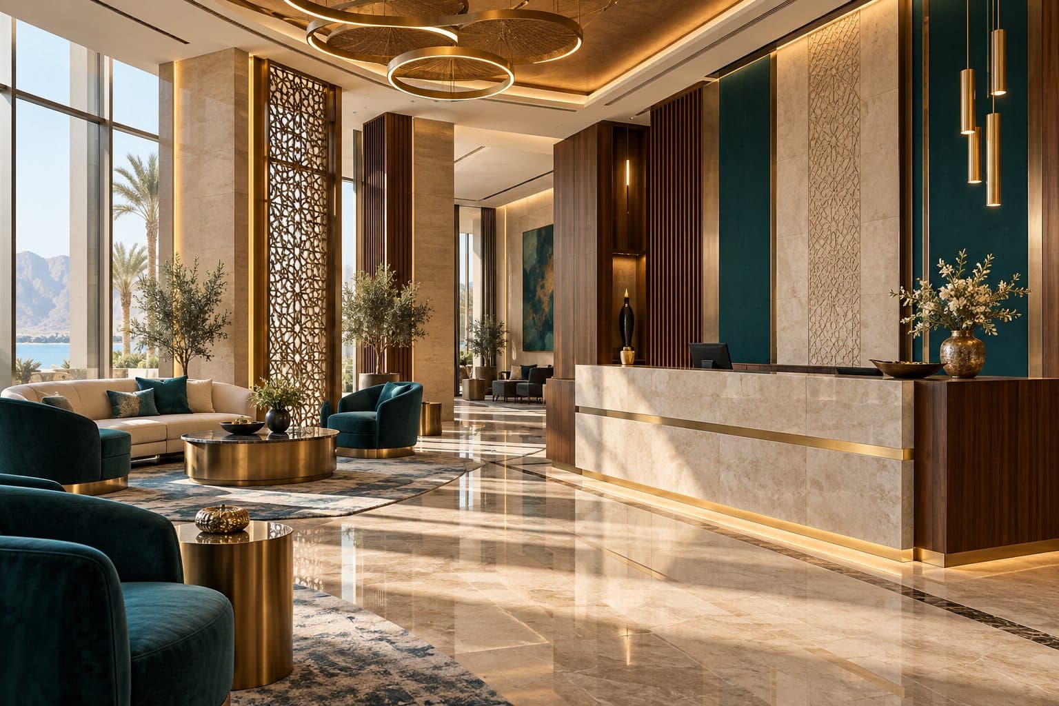 Completed contemporary interior fit-out with stone finishes, custom joinery and teal accents