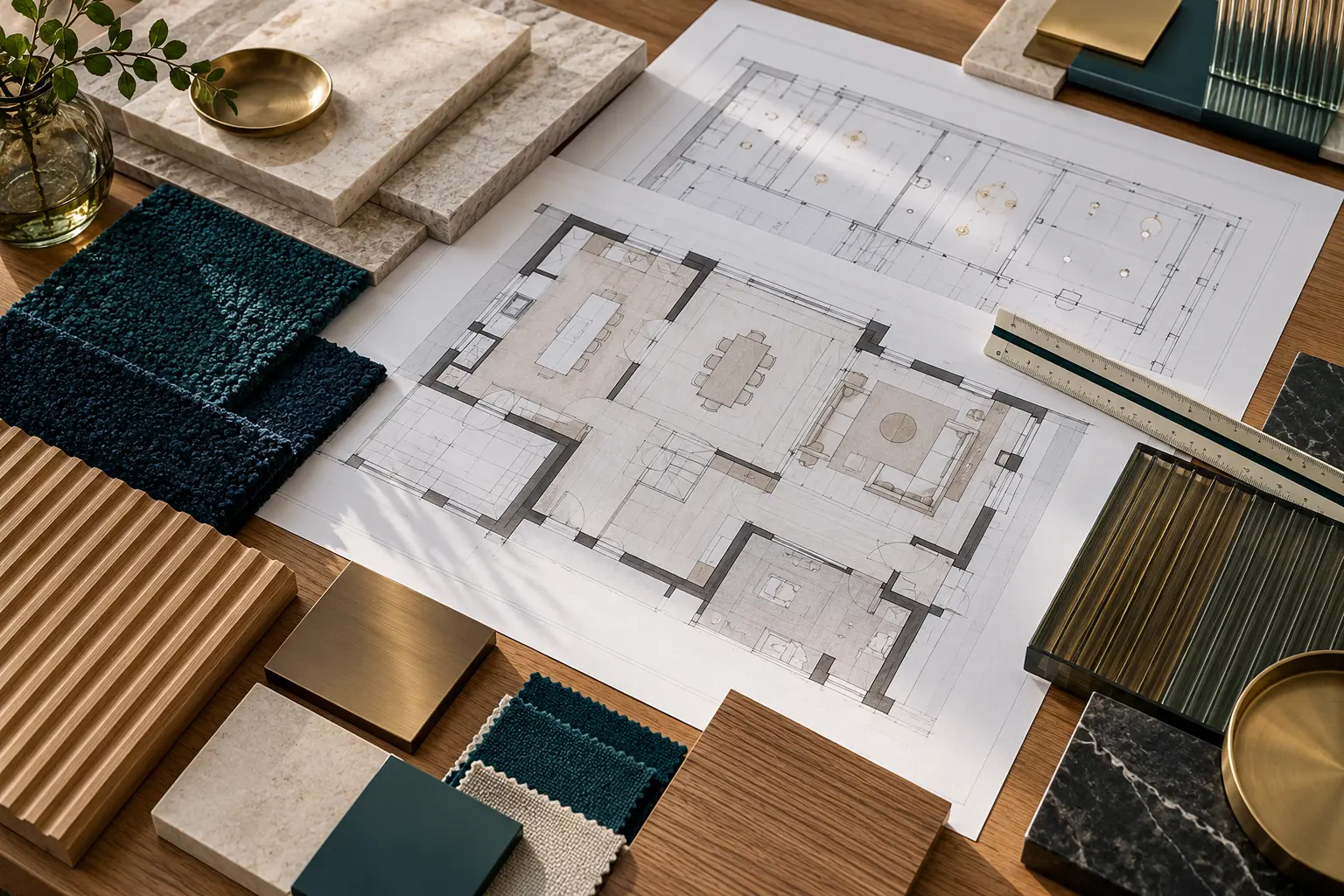 Interior fit-out project plans, material samples and finish selections arranged on a studio table